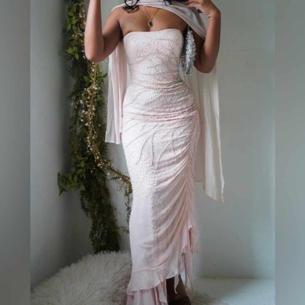 Vintage 100% Silk Beaded Dress Vintage Beaded Dress Pink Strapless Prom Fairy - Picture 1 of 17